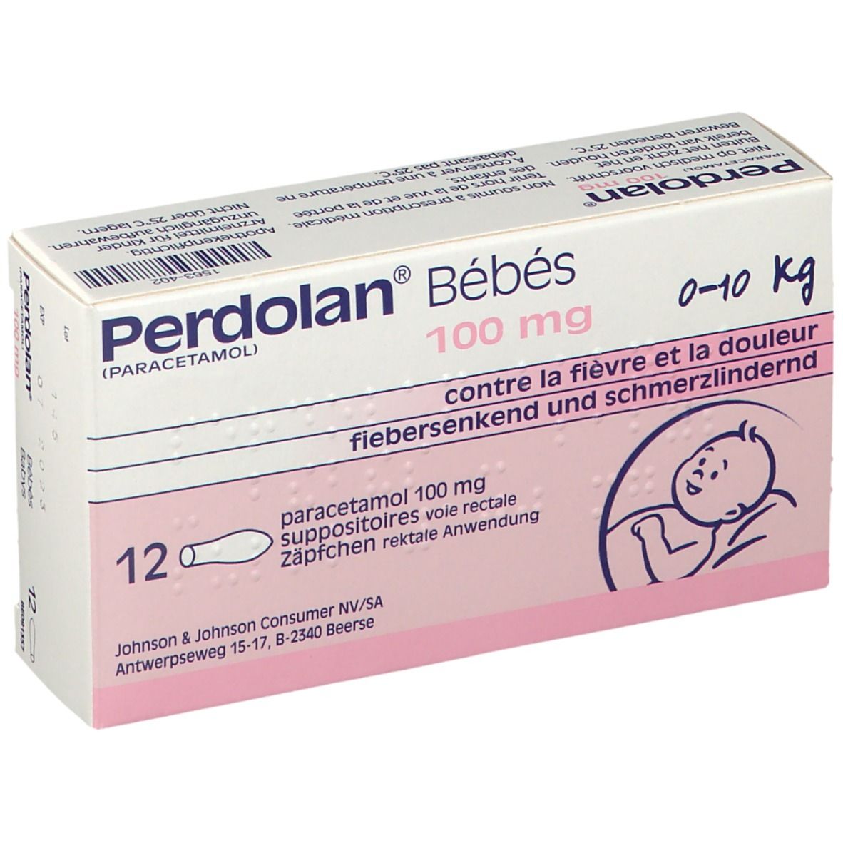 Boîte de Perdolan® Bébé, 100 mg paracétamol, pour bébés. 12 suppositoires. 0-10 kg.