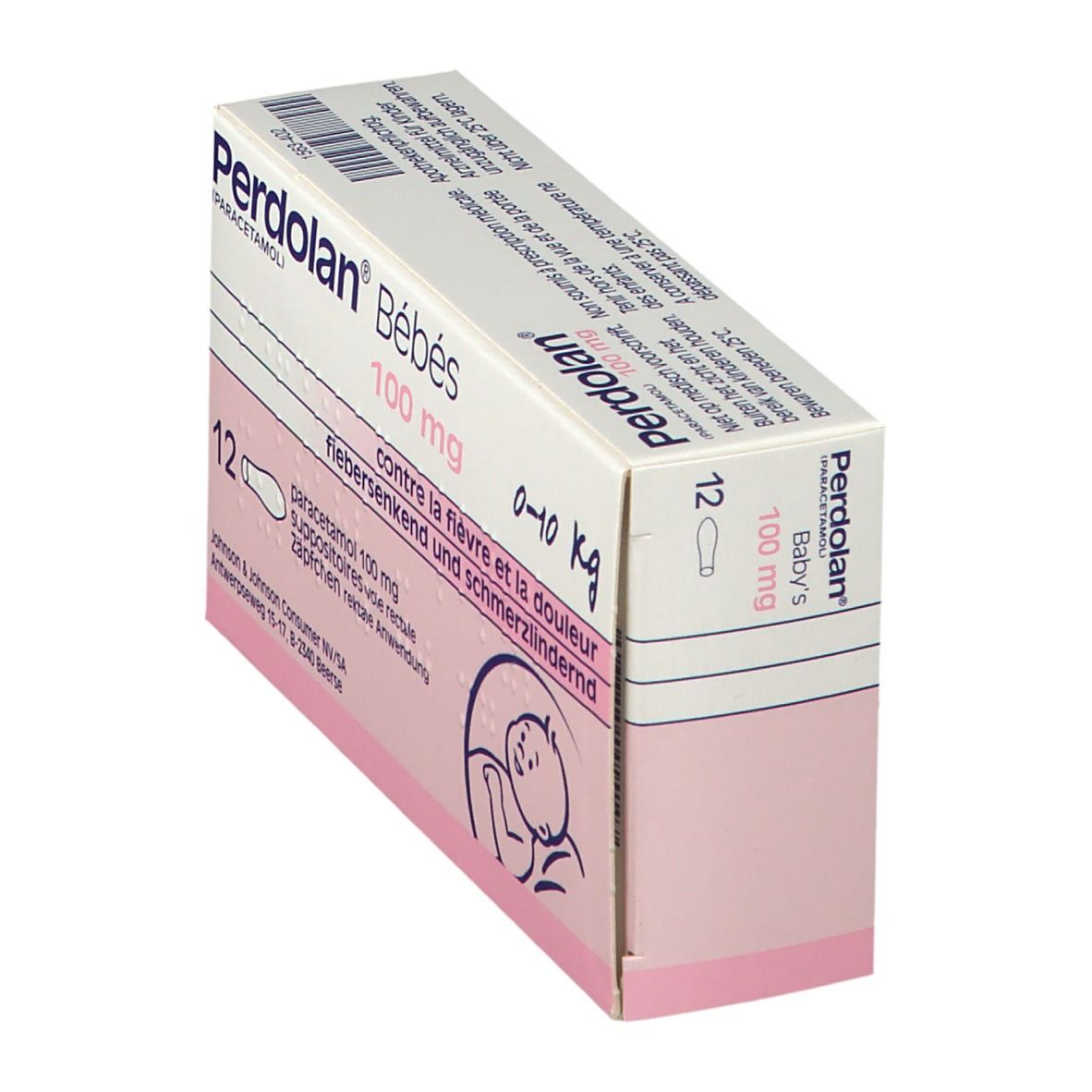 Boîte de Perdolan® Bébé, 100 mg paracétamol, pour bébés. 12 suppositoires. 0-10 kg.
