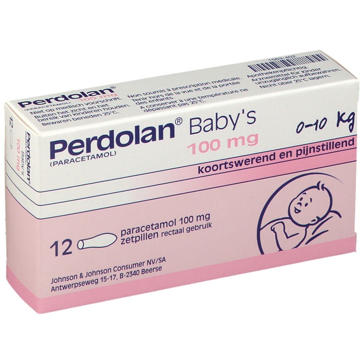 Boîte de Perdolan® Baby's, 100 mg paracétamol, pour bébés. 12 suppositoires. 0-10 kg.