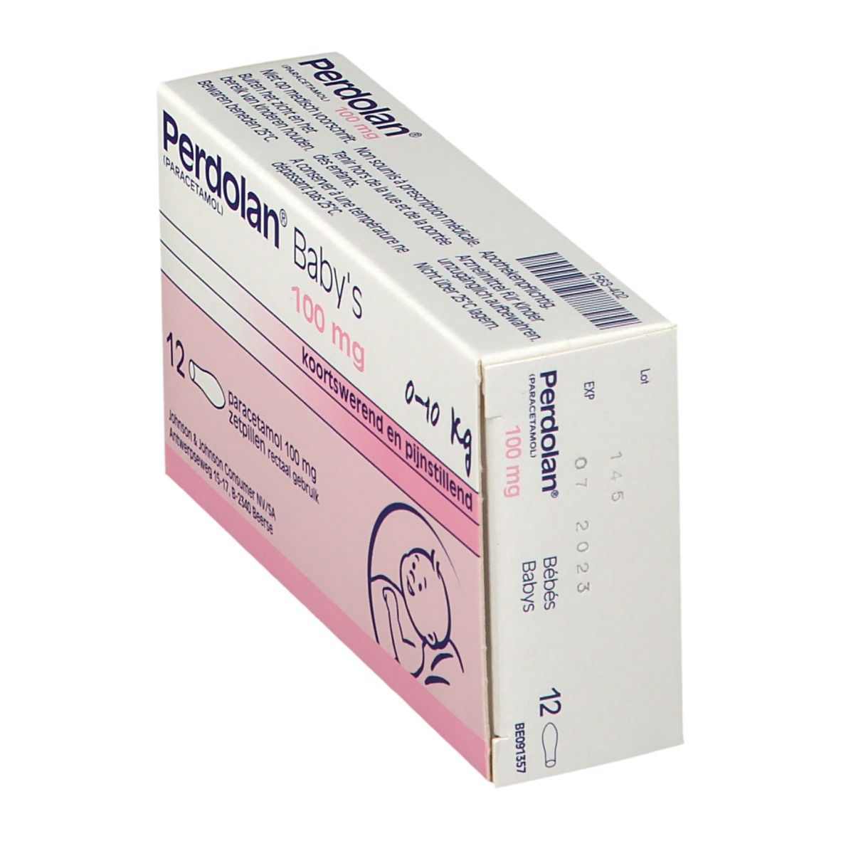 Boîte de Perdolan® Baby's, 100 mg paracétamol, pour bébés. 12 suppositoires. 0-10 kg.