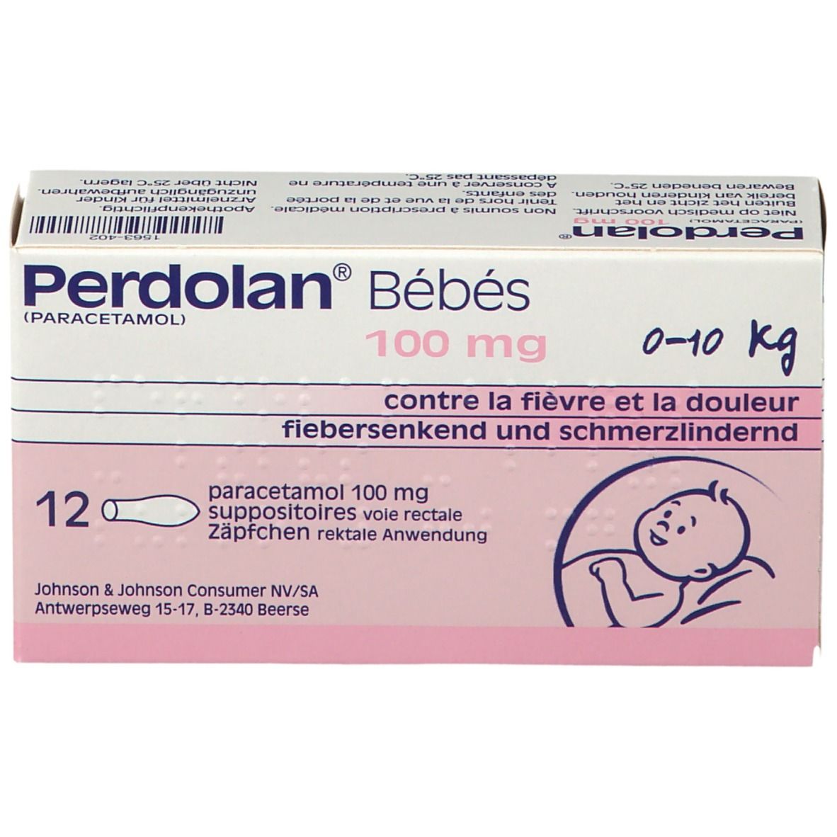 Boîte de Perdolan® Bébé, 100 mg paracétamol, pour bébés. 12 suppositoires. 0-10 kg.