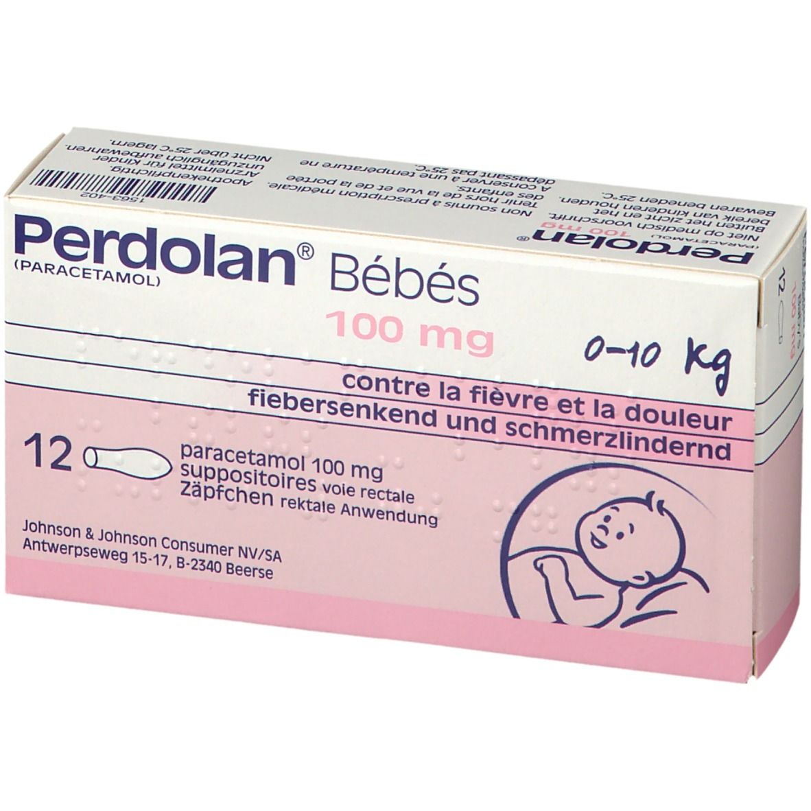 Boîte de Perdolan® Bébé, 100 mg paracétamol, pour bébés. 12 suppositoires. 0-10 kg.