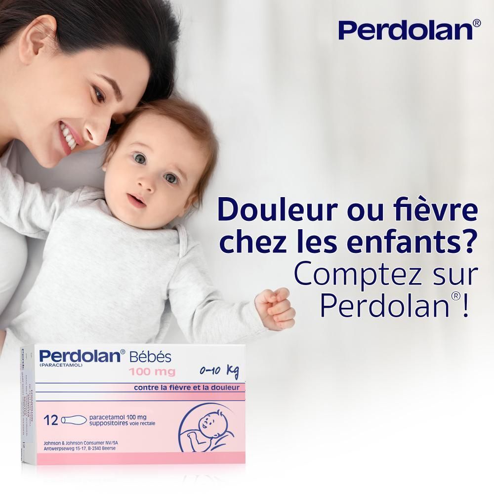 Publicité avec bébé. Texte : Efficace contre la fièvre et la douleur chez les bébés. Perdolan® Bébé.