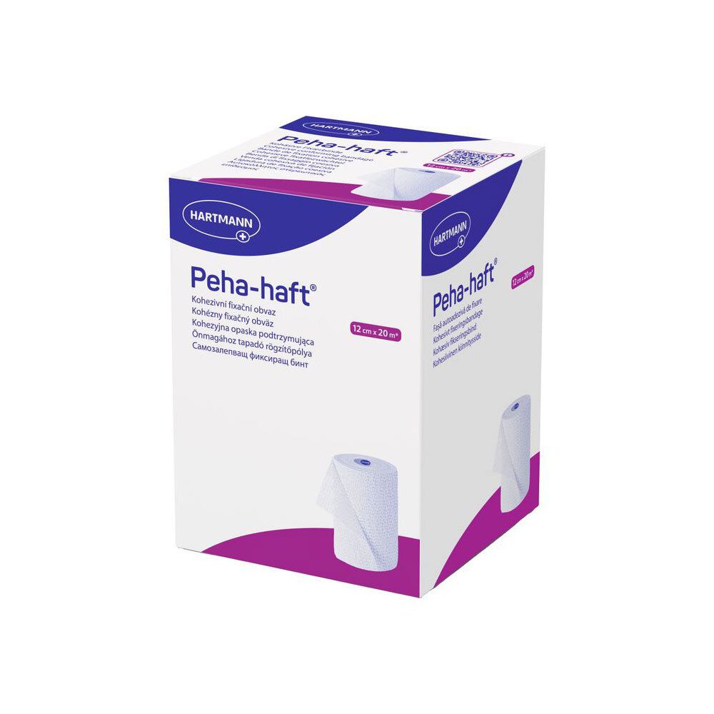 Hartmann Peha-haft. Bande de fixation cohésive, 12 cm x 20 m. Boîte avec image du produit. Matériau de bandage blanc illustré.