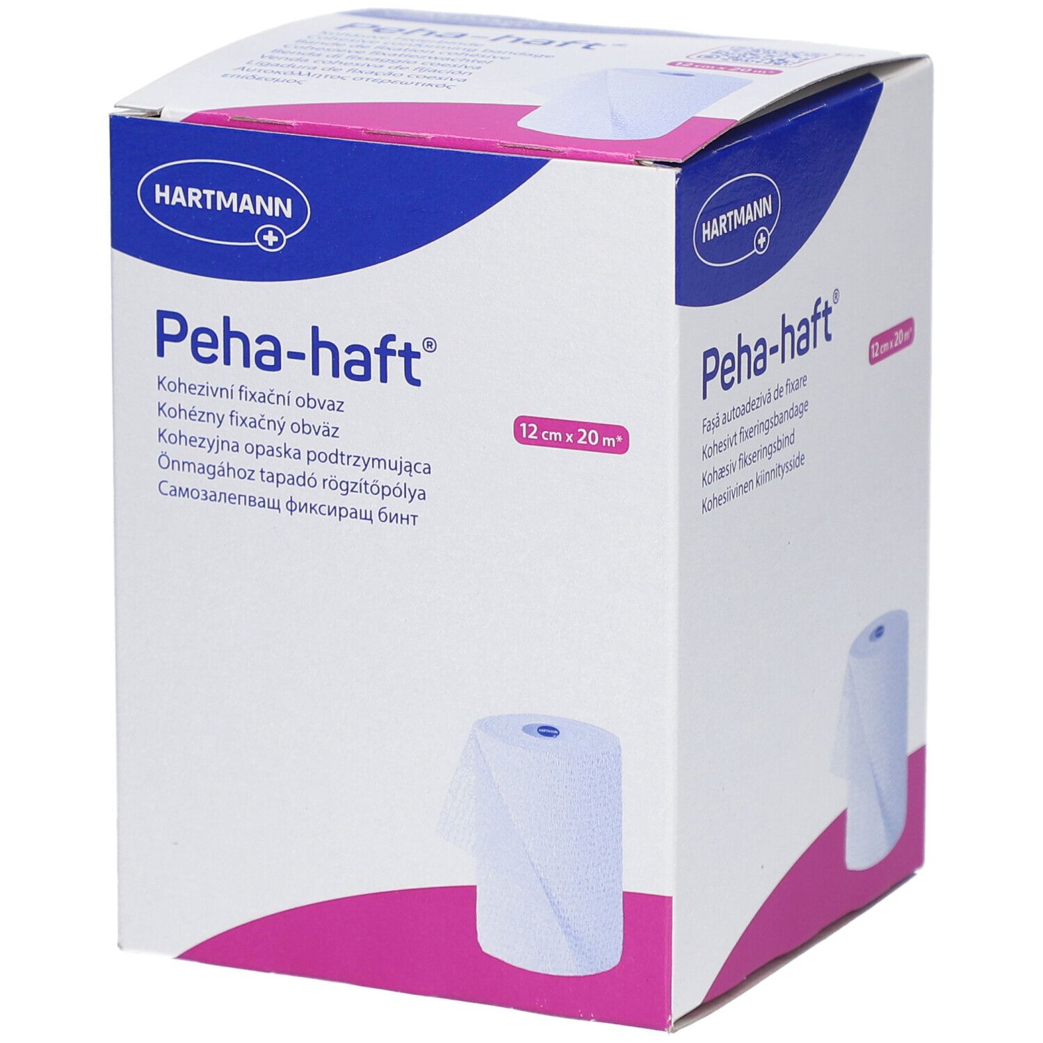 Hartmann Peha-haft. Bande de fixation cohésive, 12 cm x 20 m. Boîte avec image du produit. Matériau de bandage blanc illustré.