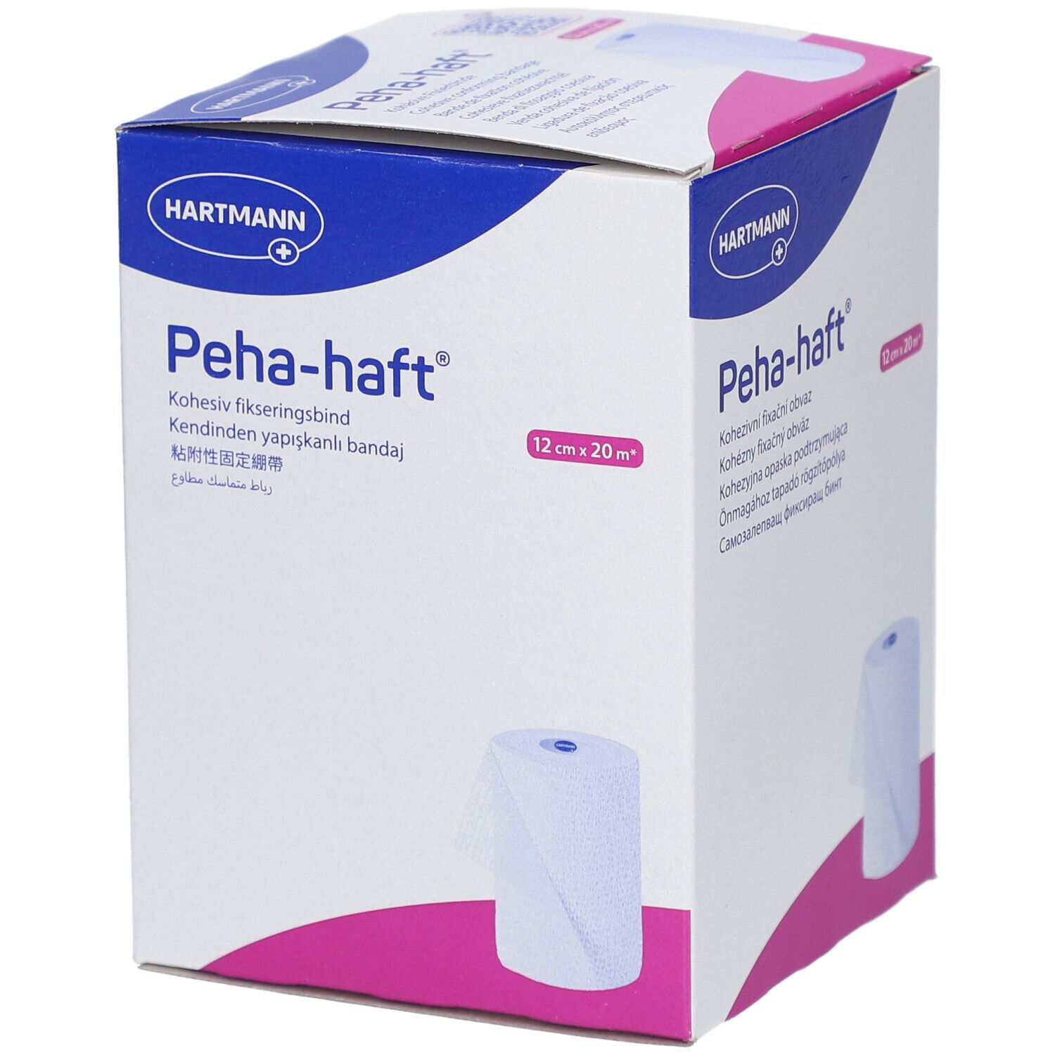 Hartmann Peha-haft. Bande de fixation cohésive, 12 cm x 20 m. Boîte avec image du produit. Désignations multilingues.