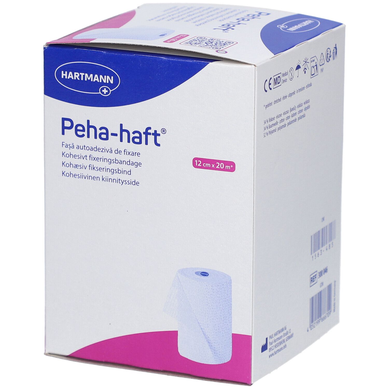 Hartmann Peha-haft. Bande de fixation cohésive, 12 cm x 20 m. Boîte avec image du produit. Désignations multilingues.