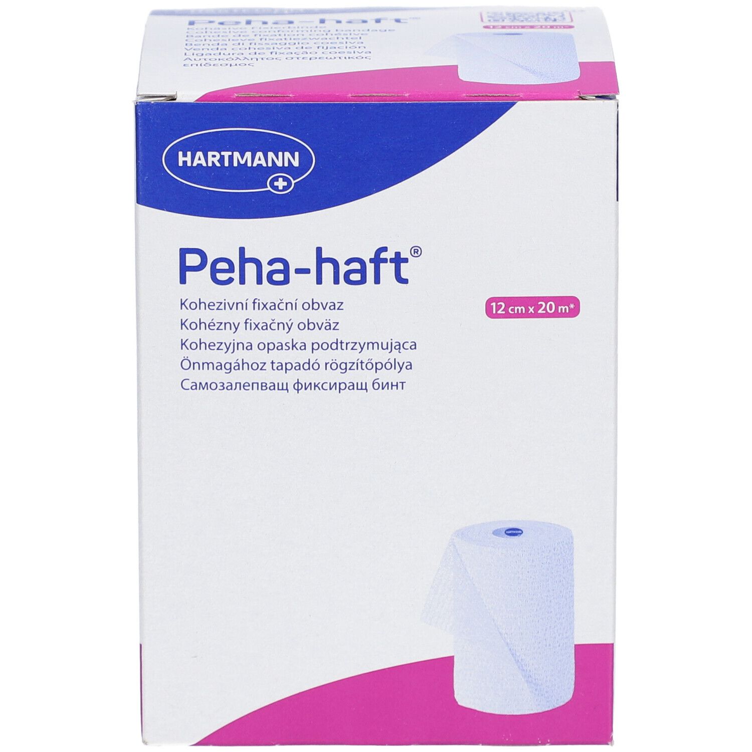 Hartmann Peha-haft. Bande de fixation cohésive, 12 cm x 20 m. Boîte avec image du produit. Désignations multilingues.