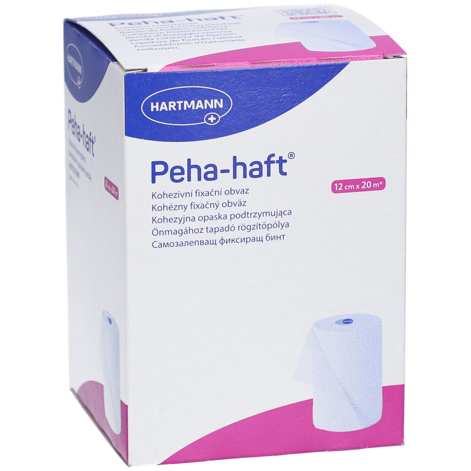 Hartmann Peha-haft. Bande de fixation cohésive, 12 cm x 20 m. Boîte avec image du produit. Désignations multilingues.