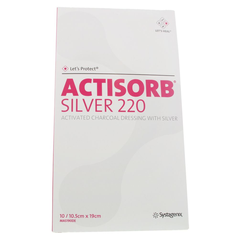 Emballage de ACTISORB® SILVER 220. Inscription: ACTIVATED CHARCOAL DRESSING WITH SILVER. Dimensions: 10,5cm x 19cm.