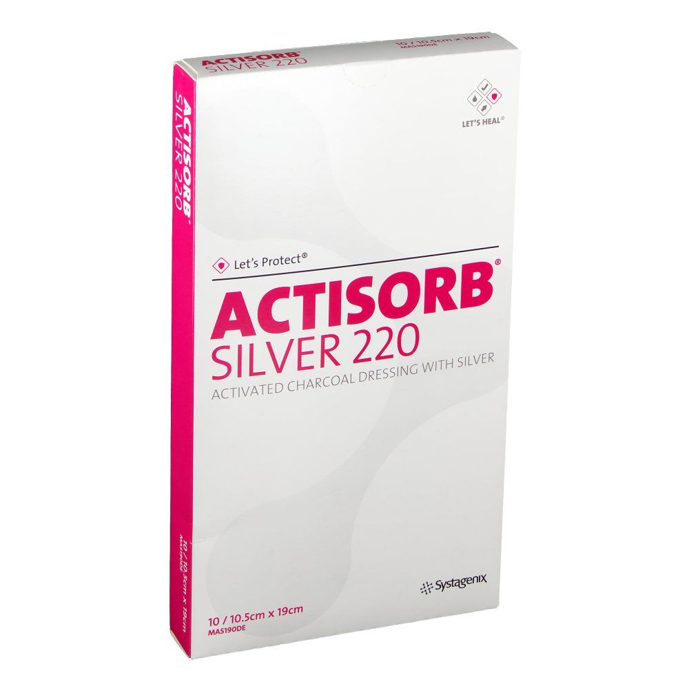 Emballage de ACTISORB® SILVER 220. Inscription: ACTIVATED CHARCOAL DRESSING WITH SILVER. Dimensions: 10,5cm x 19cm. Vue en biais.
