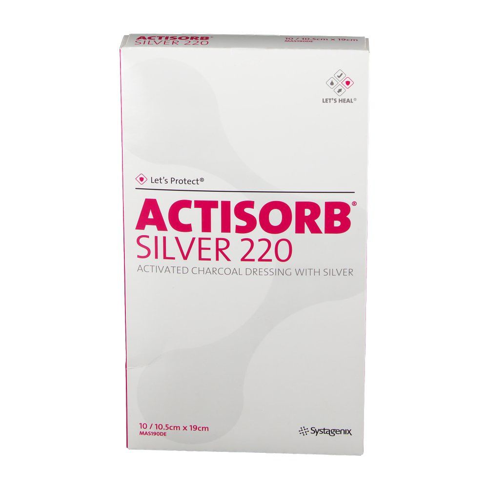 Emballage de ACTISORB® SILVER 220. Inscription: ACTIVATED CHARCOAL DRESSING WITH SILVER. Dimensions: 10,5cm x 19cm.