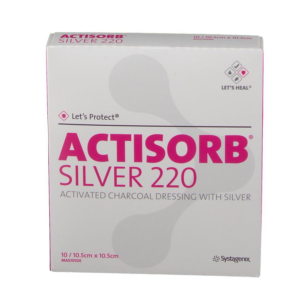 Vue de face de la boîte ACTISORB® SILVER 220. Inscription: ACTIVATED CHARCOAL DRESSING WITH SILVER. Dimensions: 10,5 x 10,5 cm. 10 unités.