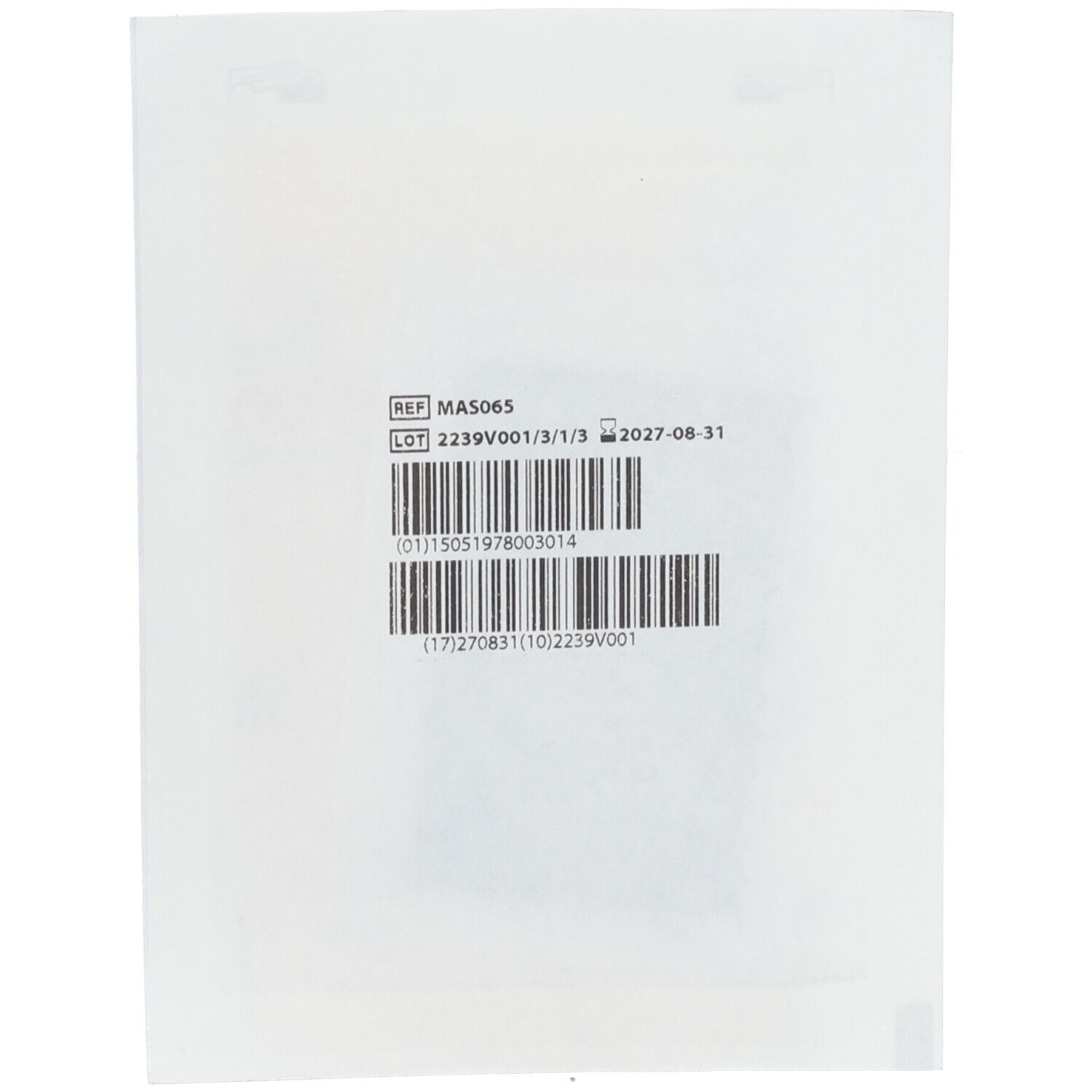 Weiße Verpackung mit Barcode und Chargeninformationen. Aufdruck: REF MAS065, LOT-Nummer und Verfallsdatum.