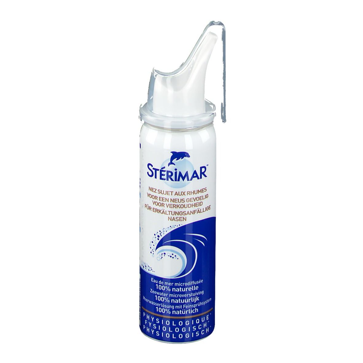 STÉRIMAR® neussprayfles. Wit-blauwe fles met sproeikop. Voor verkoudheid gevoelige neuzen.
