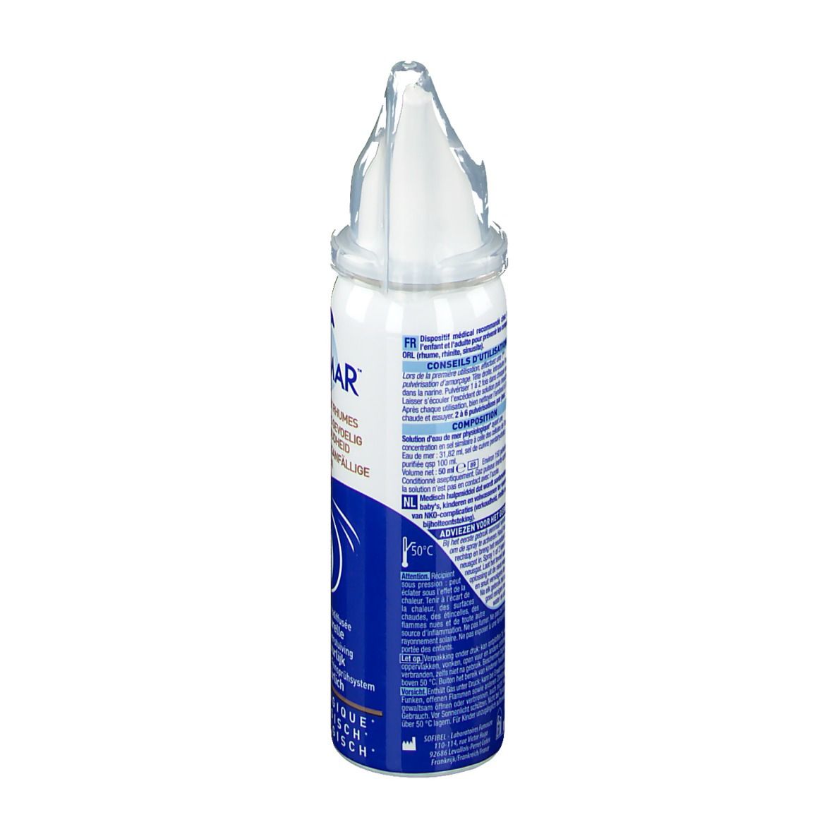 STÉRIMAR® neussprayfles. Achteraanzicht. Wit-blauwe fles met sproeikop. Tekstinformatie.
