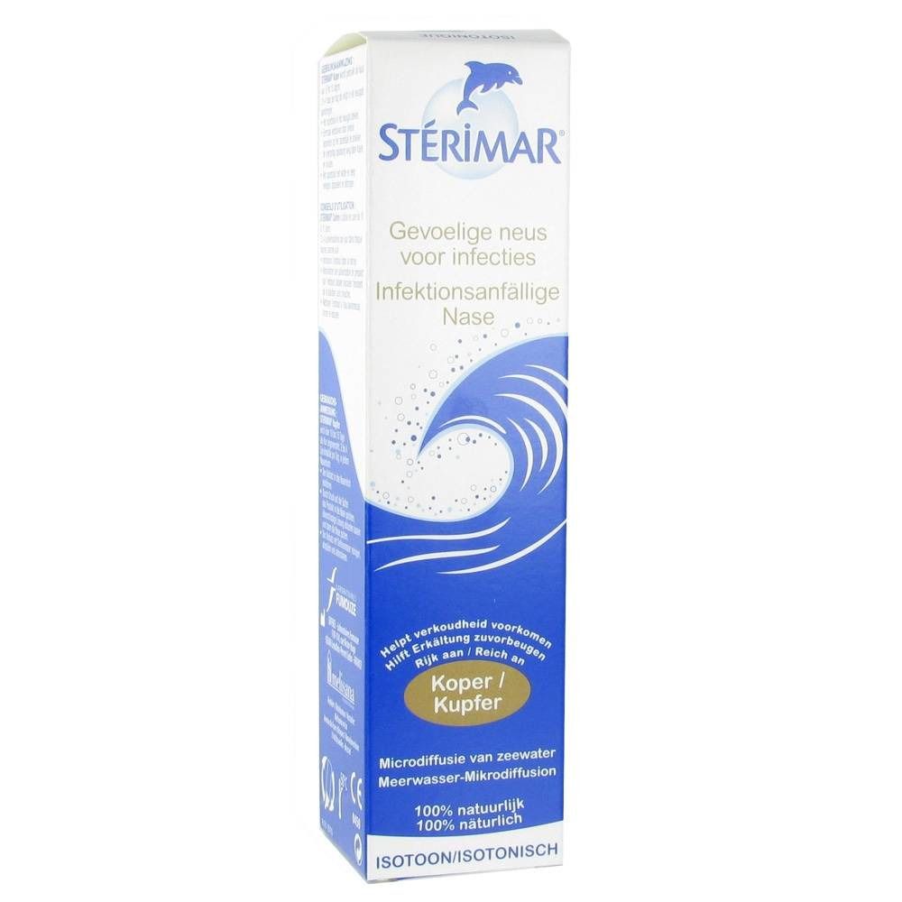 STÉRIMAR®-verpakking. Wit-blauwe doos met productnaam en golfmotief. Voor gevoelige neuzen.