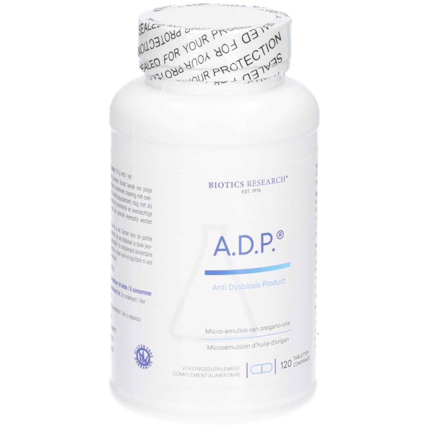 Weiße Flasche mit A.D.P.® Anti Dysbiosis Product, 120 Tabletten.