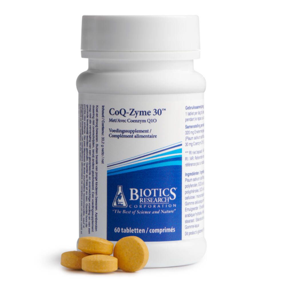 Flacon blanc CoQ-Zyme 30™ et comprimés jaunes. 60 comprimés par flacon. Logo Biotics Research.