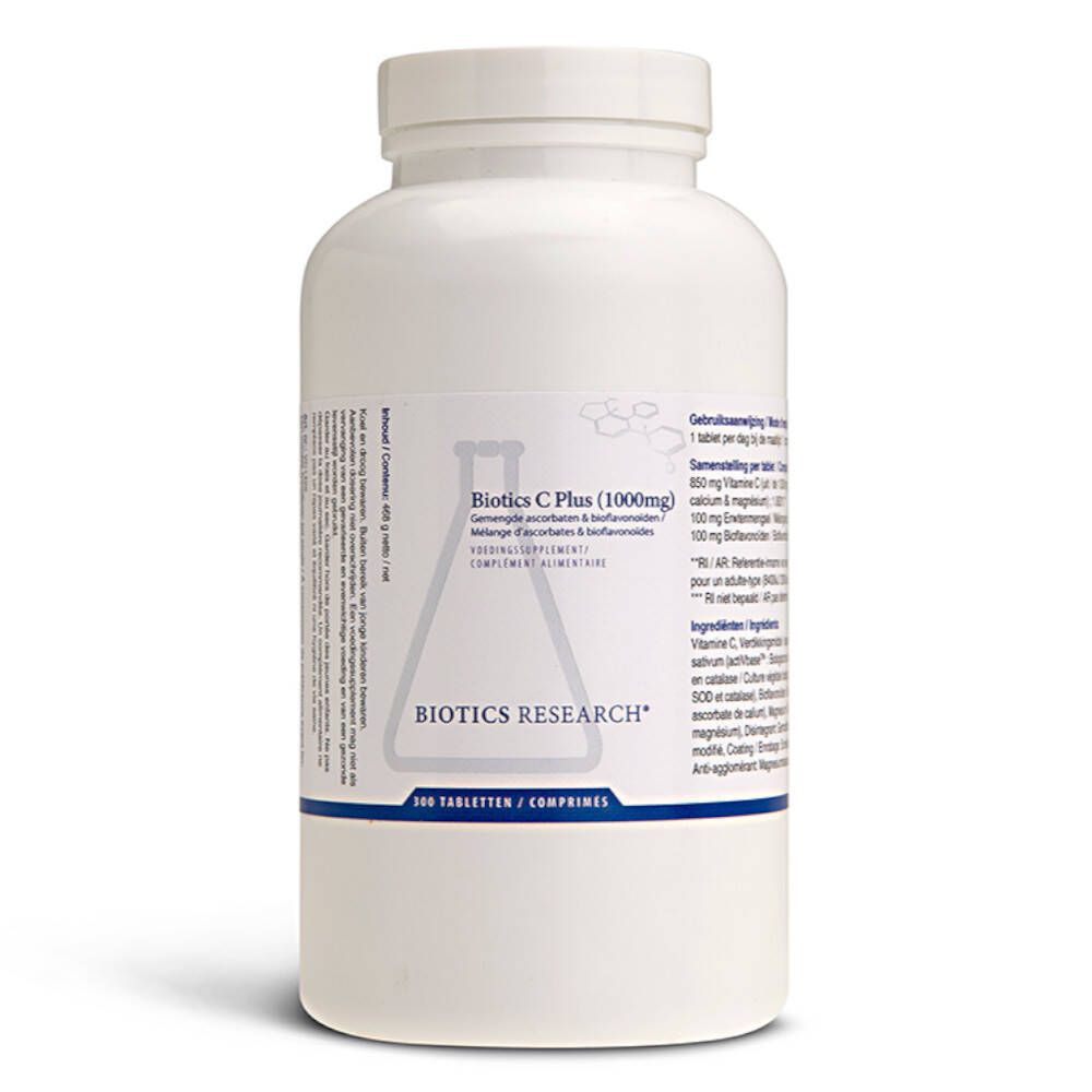 Flacon blanc avec étiquette. Inscription : Biotics C Plus (1000mg). Marque : Biotics Research. 300 comprimés.