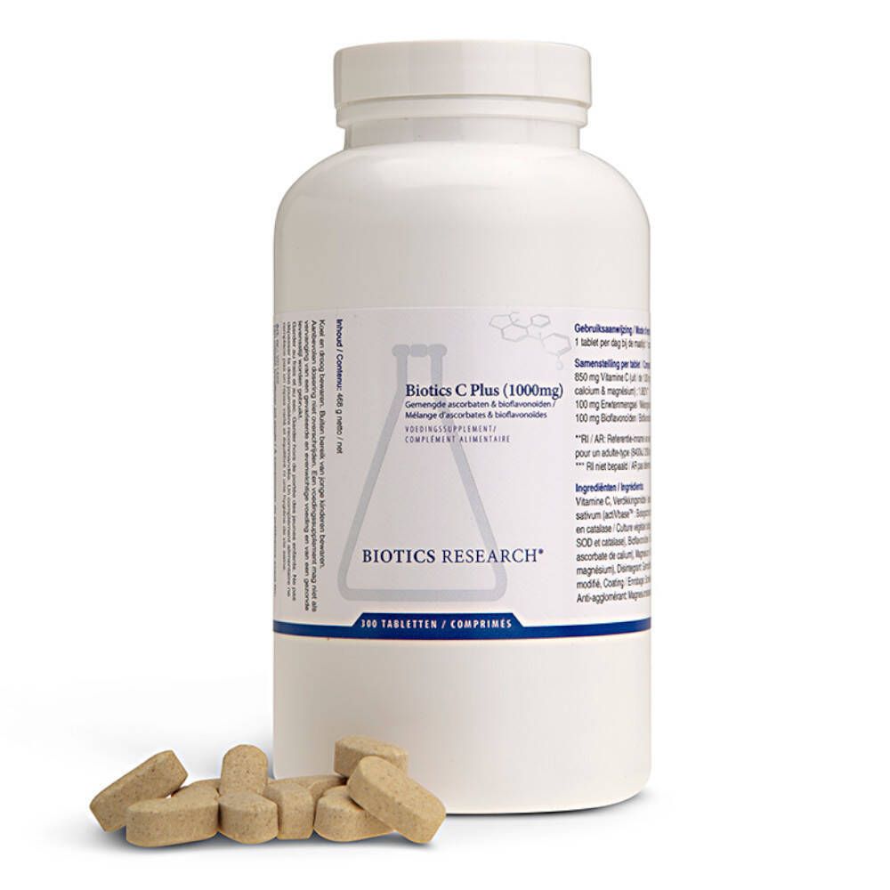 Flacon blanc avec étiquette et comprimés à côté. Inscription : Biotics C Plus (1000mg). Marque : Biotics Research. 300 comprimés.