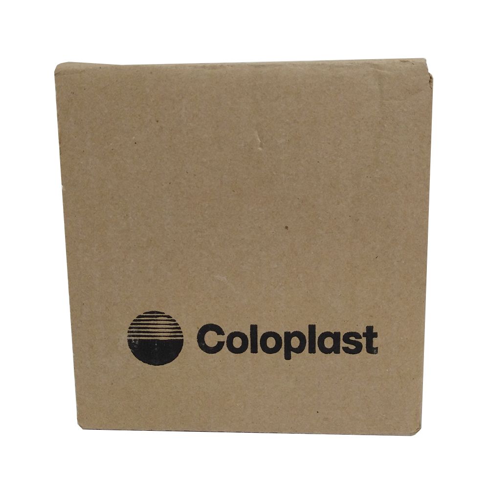 Emballage en carton brun avec logo Coloplast. Le logo représente un cercle avec trois lignes horizontales.