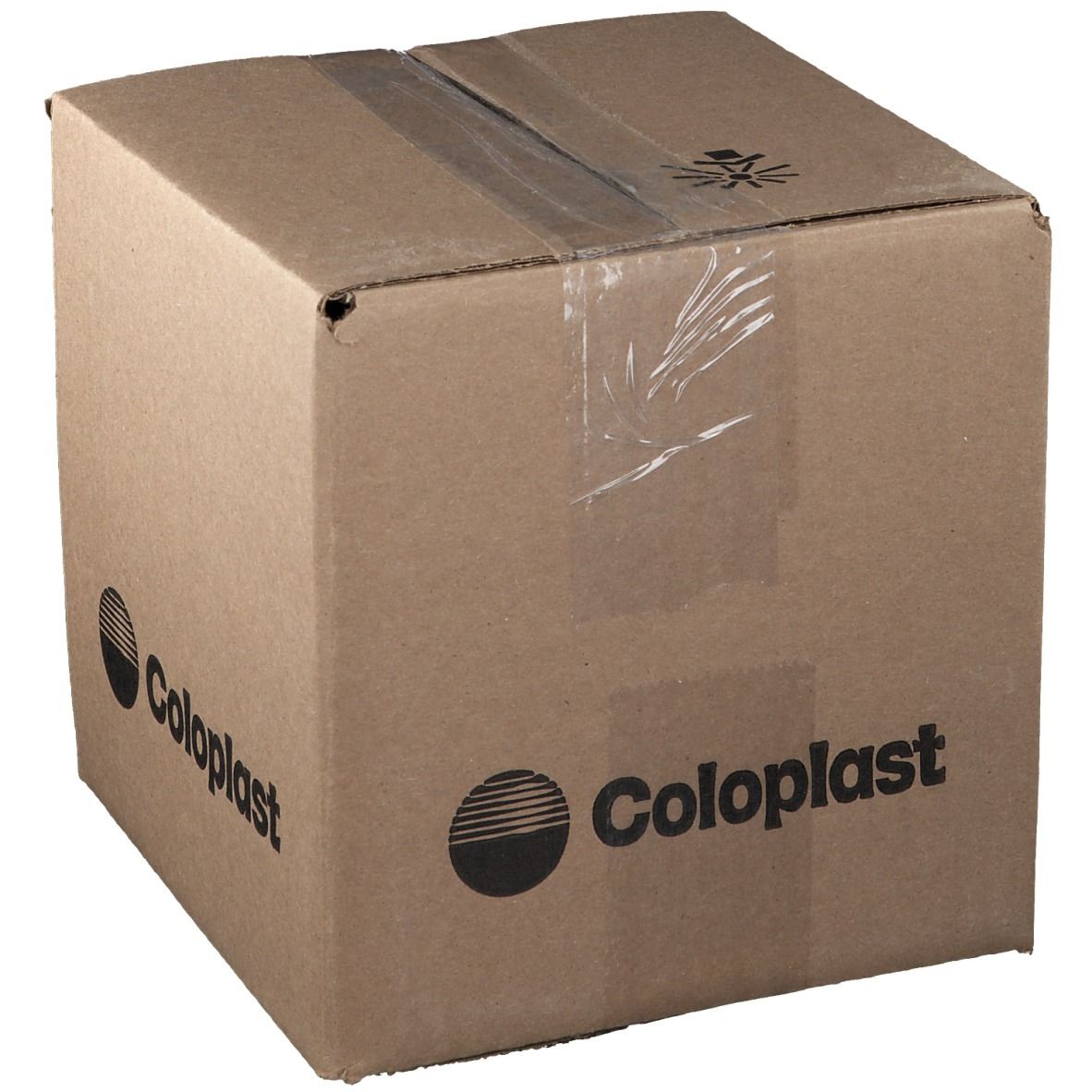 Emballage en carton brun avec logo Coloplast, fermé par du ruban adhésif. Logo: cercle avec trois lignes horizontales.