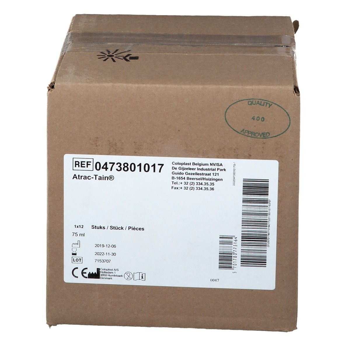 Emballage en carton avec informations produit. Inscription: Atrac-Tain®, crème pour pieds diabétiques. Marquage CE.