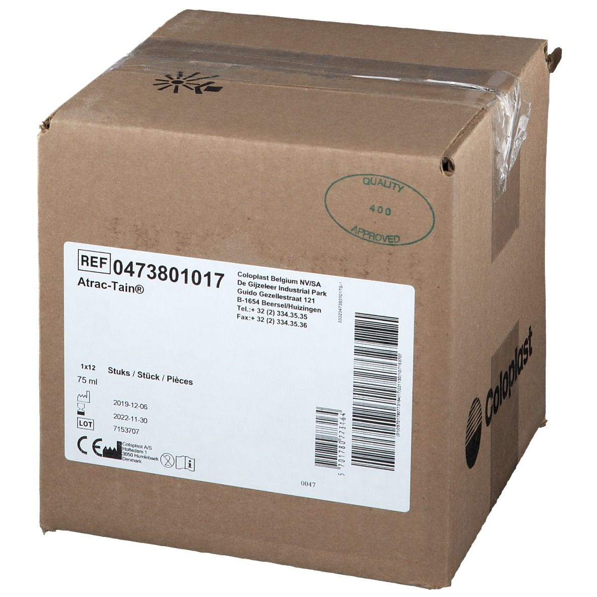 Emballage en carton avec informations produit. Inscription: Atrac-Tain®, crème pour pieds diabétiques. Marquage CE.