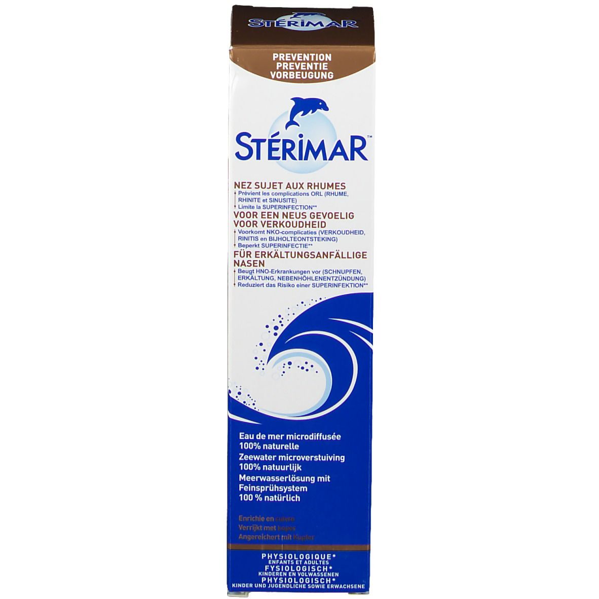 STÉRIMAR®-verpakking. Wit-bruine doos met productnaam en golfmotief. Voor verkoudheid gevoelige neuzen.