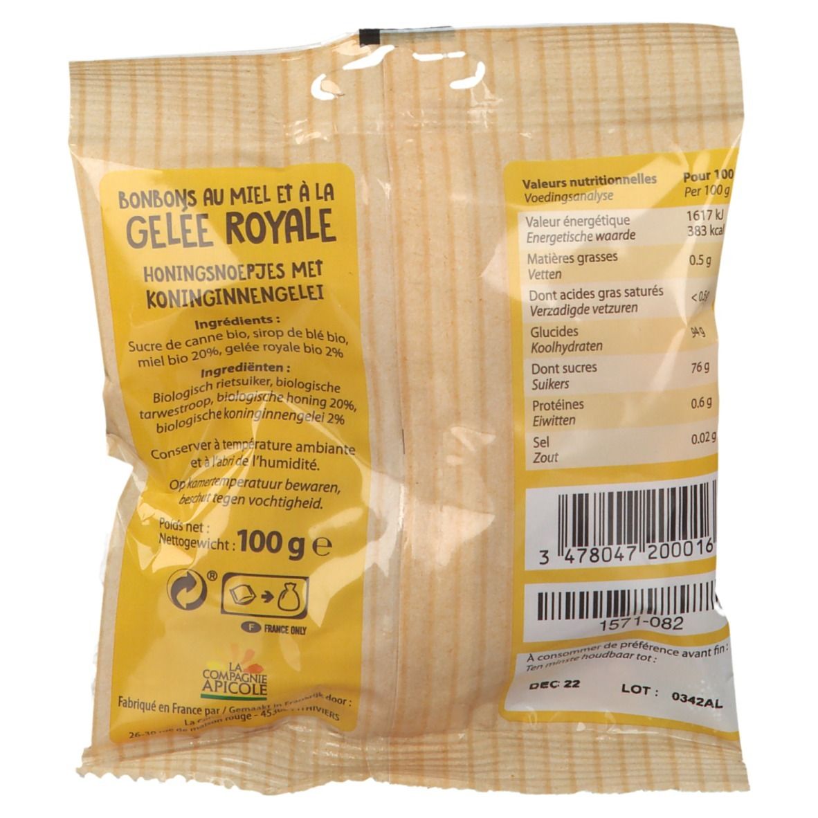 Sachet de bonbons. Inscription: Bonbons au miel et à la gelée royale. Informations nutritionnelles et code-barres.