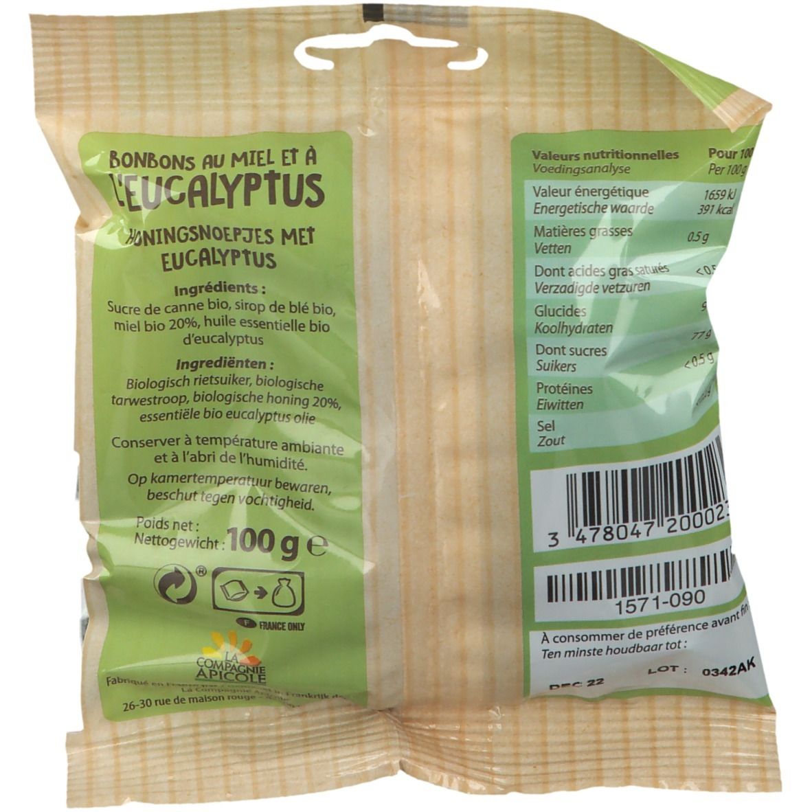 Sachet de bonbons au miel et à l'eucalyptus. Inscriptions en français et néerlandais. Informations nutritionnelles et code-barres.