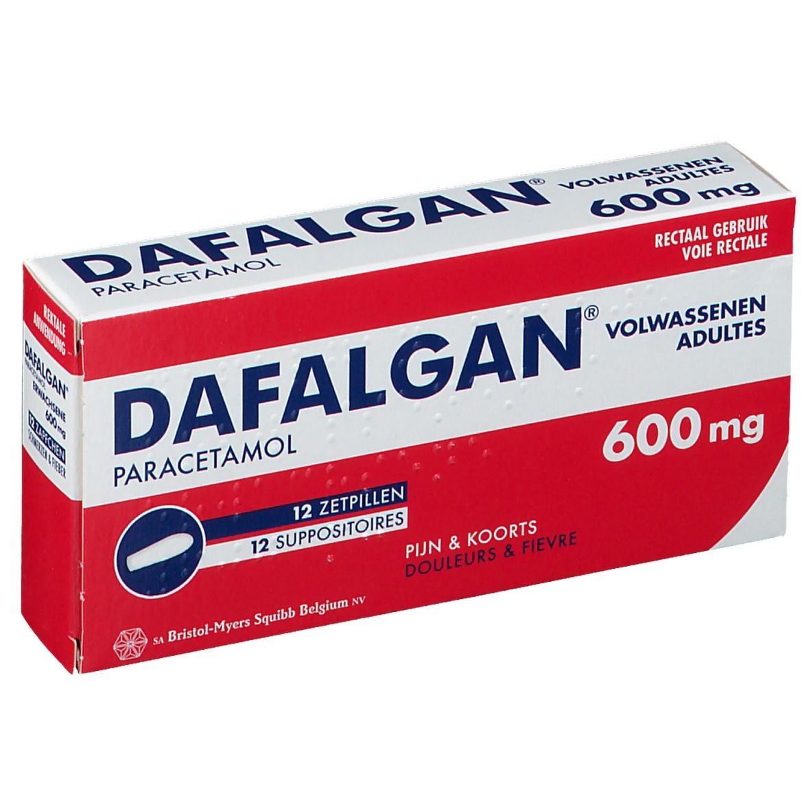 Dafalgan 600 mg, doosje met 12 zetpillen. Rode en witte verpakking met productnaam en dosering.