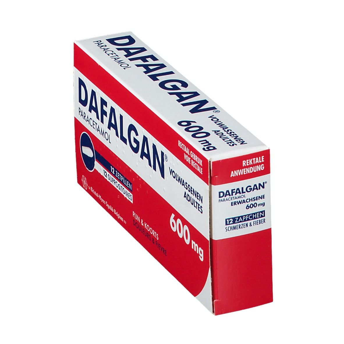 Dafalgan 600 mg verpakking, schuin. Rode en witte verpakking met productnaam, dosering en gebruiksaanwijzing.