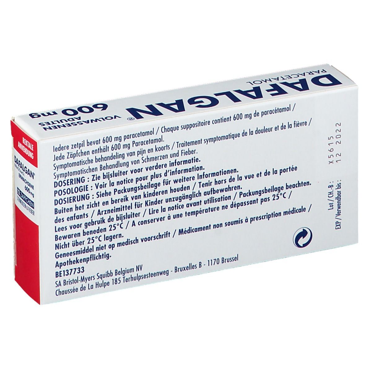 Achterkant van de Dafalgan 600 mg verpakking. Bevat tekst over dosering, ingrediënten en waarschuwingen.