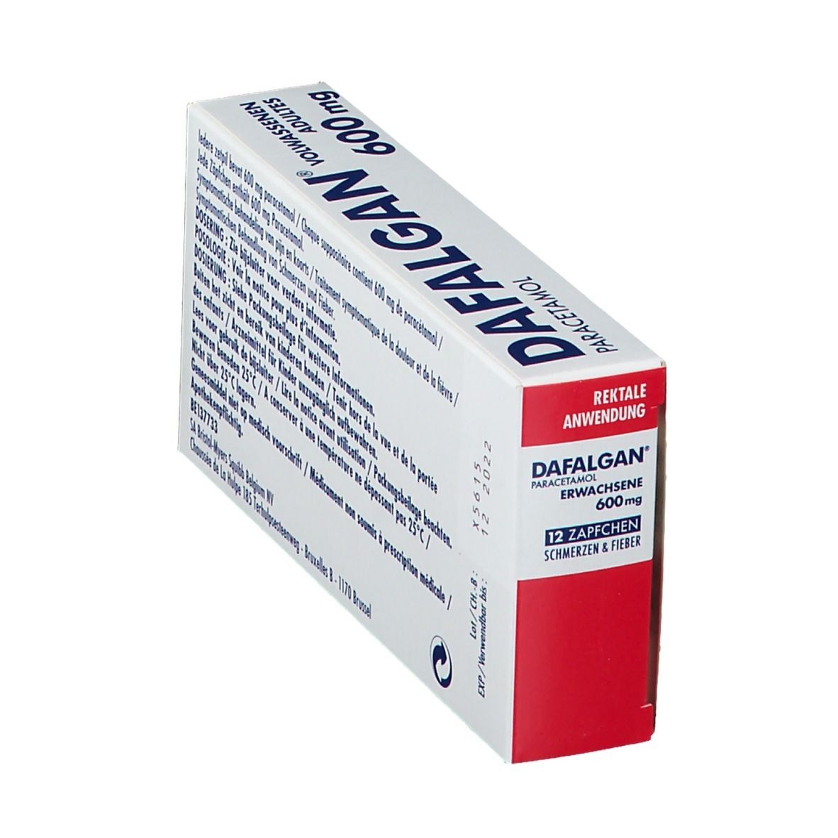 Achterkant van de Dafalgan 600 mg verpakking, schuin. Tekst over dosering, ingrediënten en waarschuwingen.