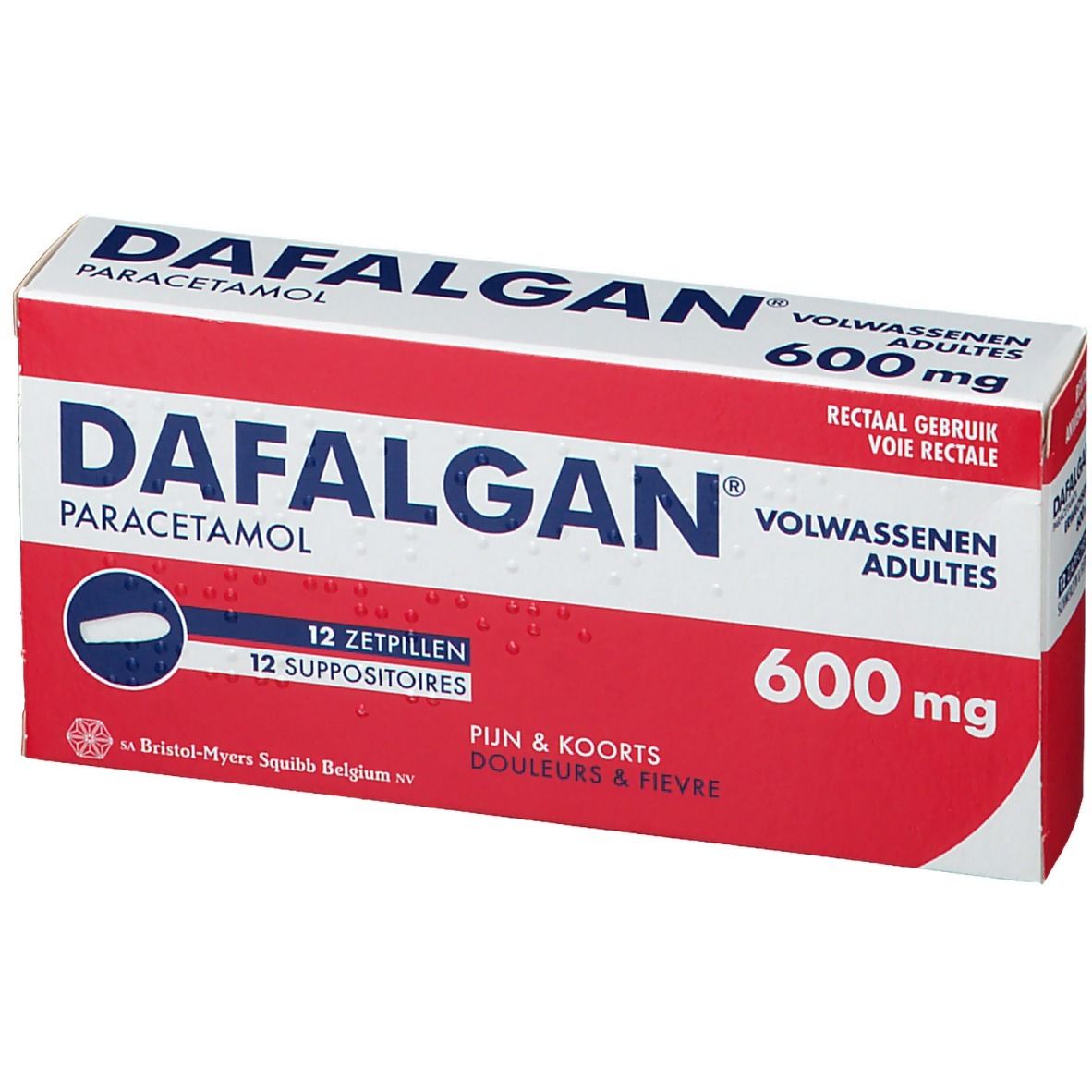 Dafalgan 600 mg verpakking met 12 zetpillen. Rode en witte verpakking met productnaam en dosering.
