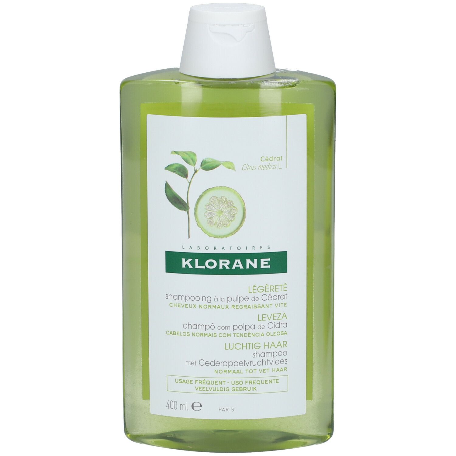 Flacon de shampooing vert avec bouchon blanc. Étiquette avec logo et nom du produit. 400 ml.