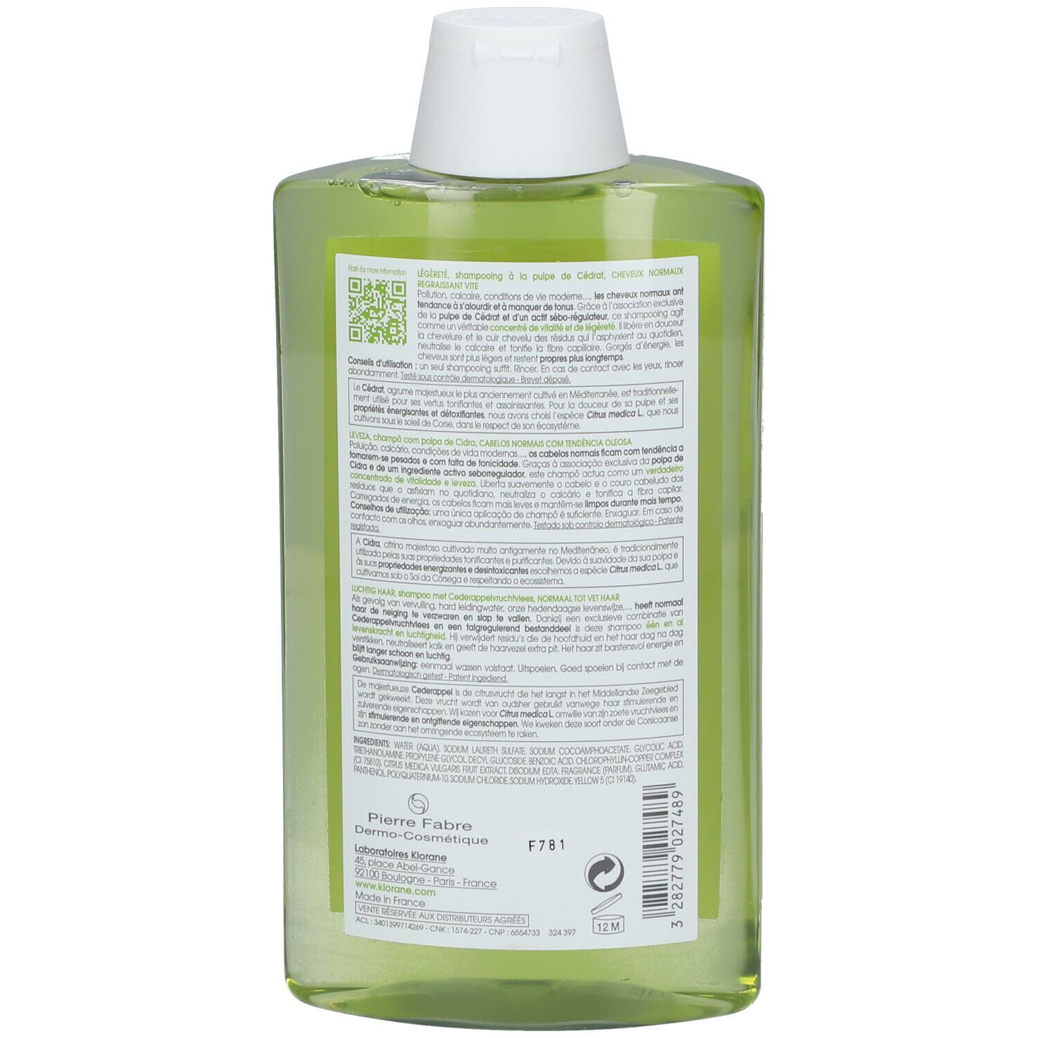 Dos du flacon de shampooing. Texte en plusieurs langues. Informations du fabricant et code QR.