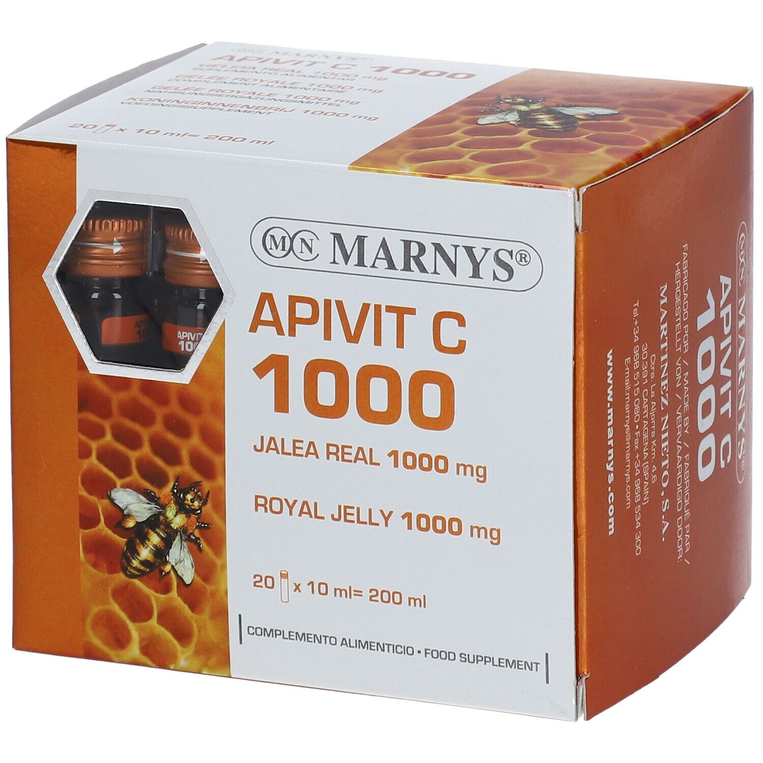 Boîte Marnys Apivit C 1000. Contient 20 ampoules buvables. Inscription: Jalea Real 1000 mg, Royal Jelly 1000 mg.