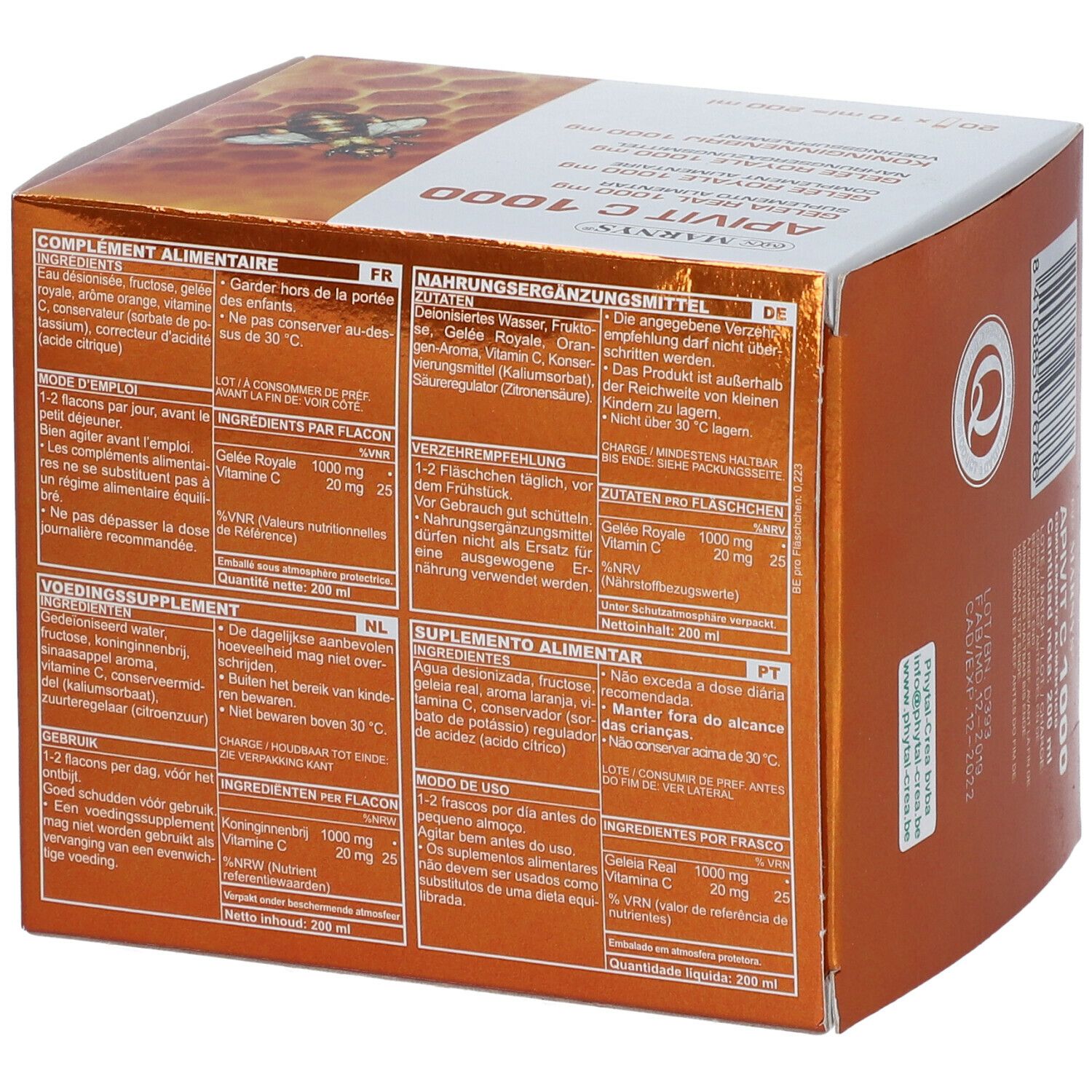 Dos de la boîte Marnys Apivit C 1000. Avec informations produit multilingues. Inscription: Apivit C 1000.