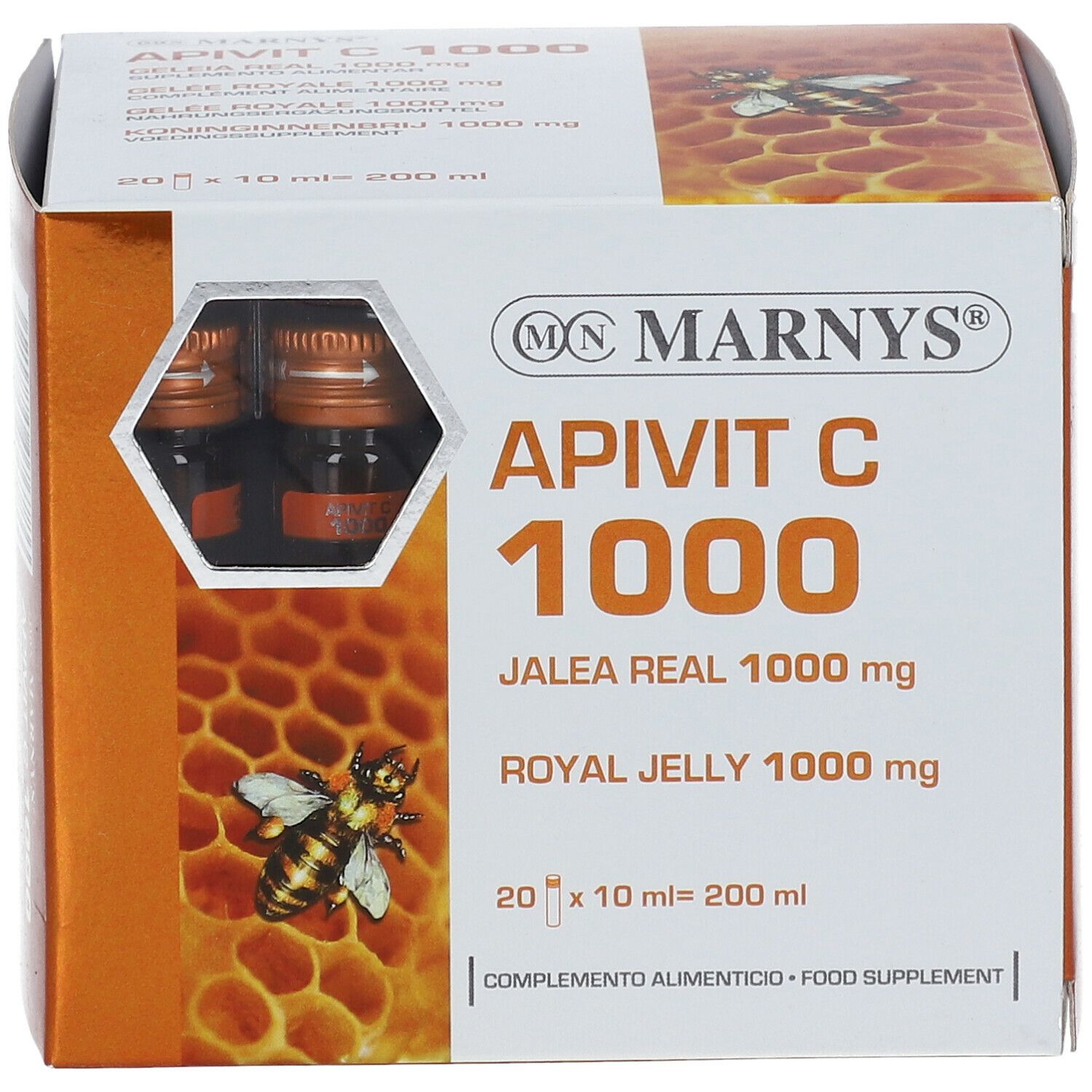 Boîte Marnys Apivit C 1000. Montre 20 ampoules buvables. Inscription: Jalea Real 1000 mg, Royal Jelly 1000 mg.
