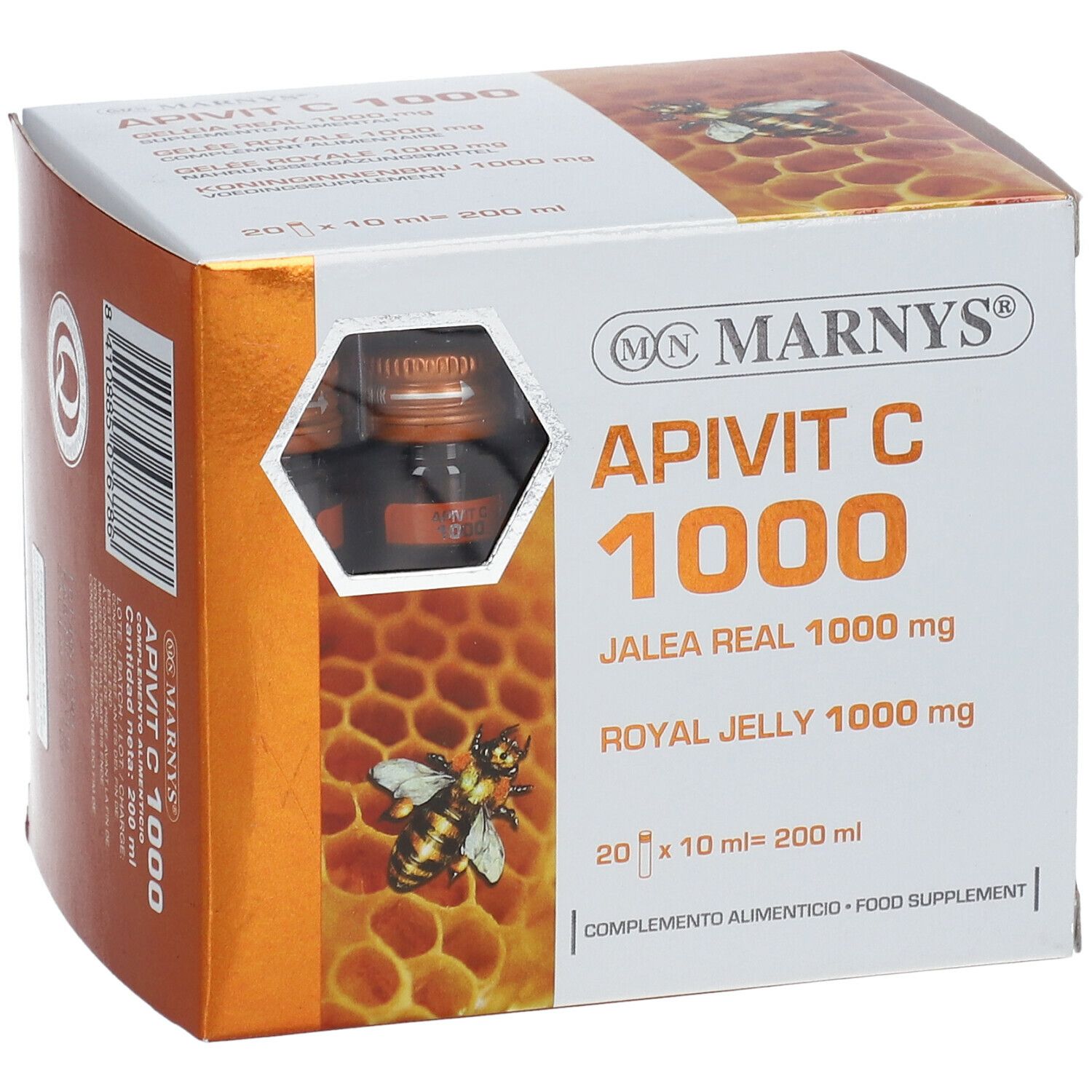 Boîte Marnys Apivit C 1000. Montre une ampoule buvable. Inscription: Jalea Real 1000 mg, Royal Jelly 1000 mg.