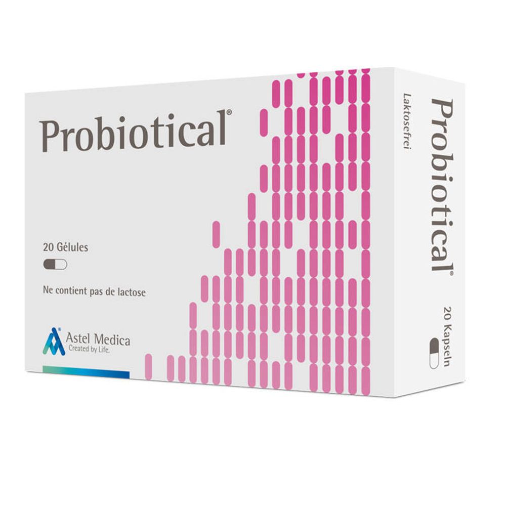 Witte doos "Probiotical", 20 capsules, "Lactosevrij". Astel Medica logo.