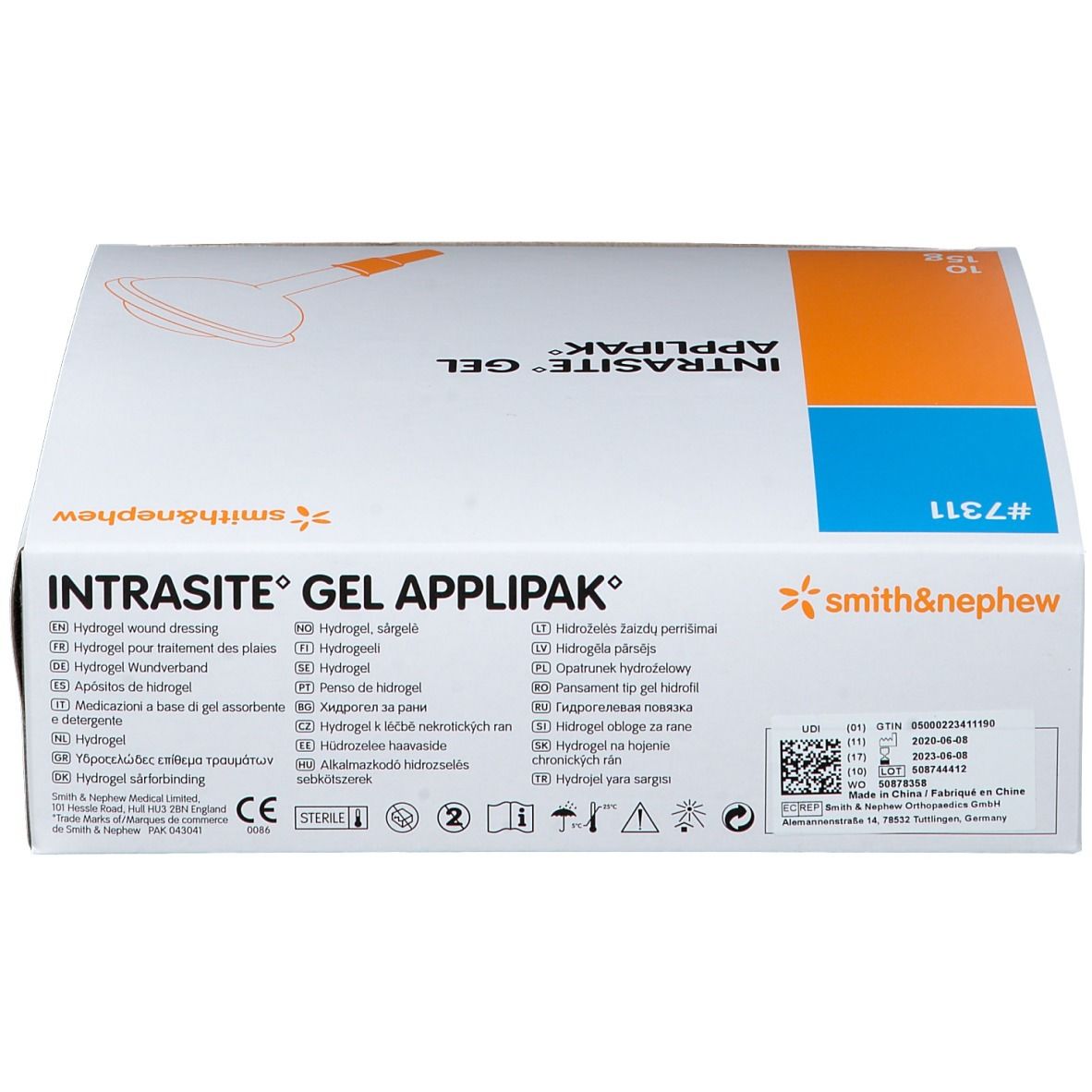 Dos de la boîte Intrasite Gel Applipak. Contient des informations sur le produit et le logo Smith & Nephew. Textes multilingues.