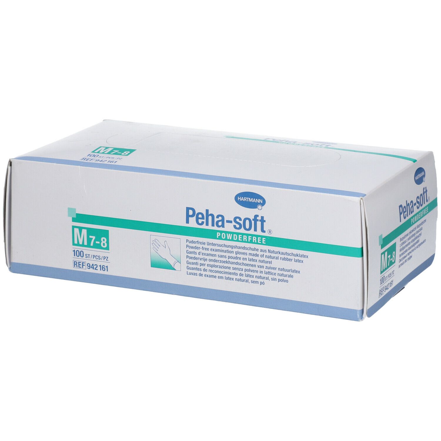 Verpakking Peha-soft® powderfree onderzoekshandschoenen, maat M 7-8. Doos met 100 stuks.