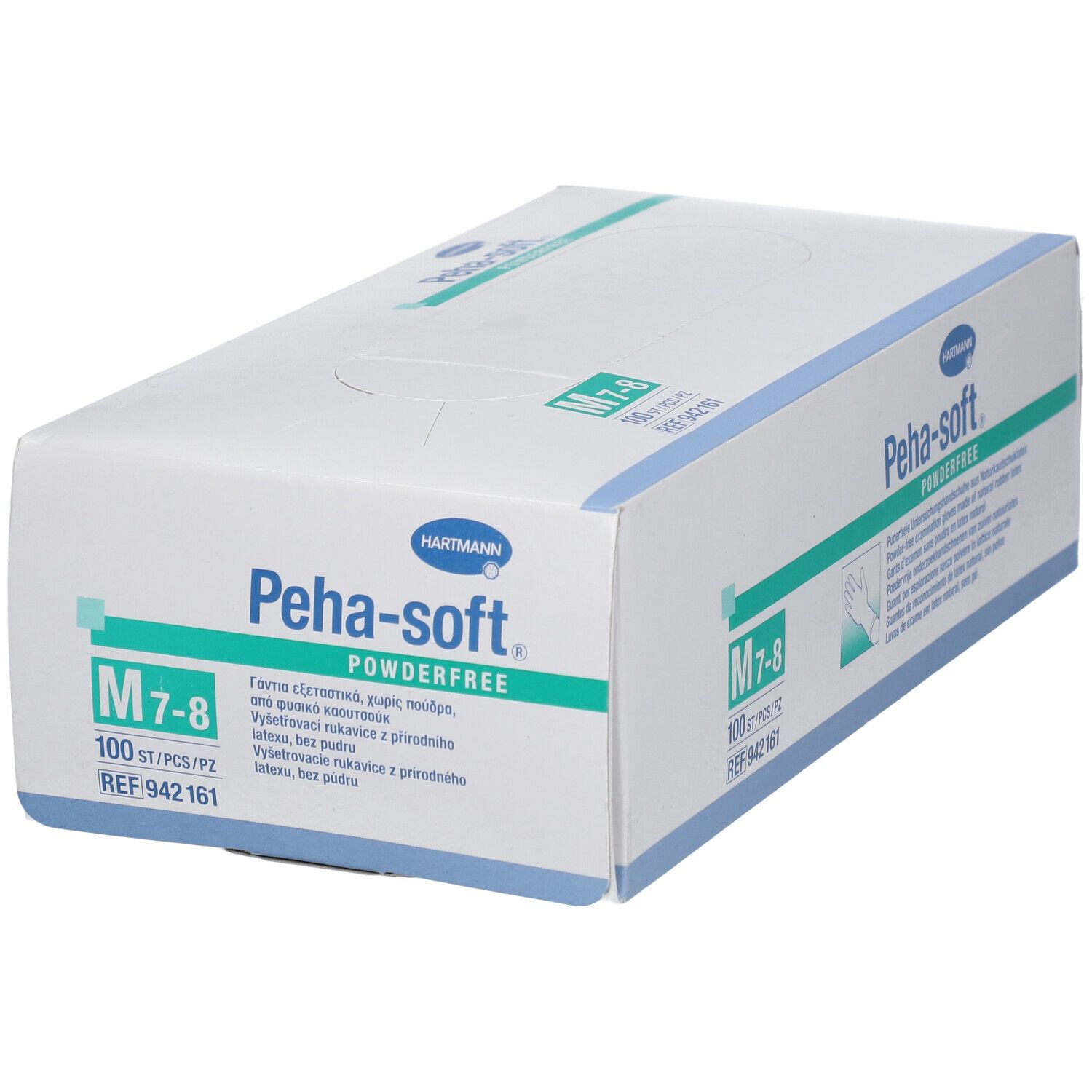Schuine weergave van de verpakking van Peha-soft® powderfree handschoenen, maat M 7-8. 100 stuks.