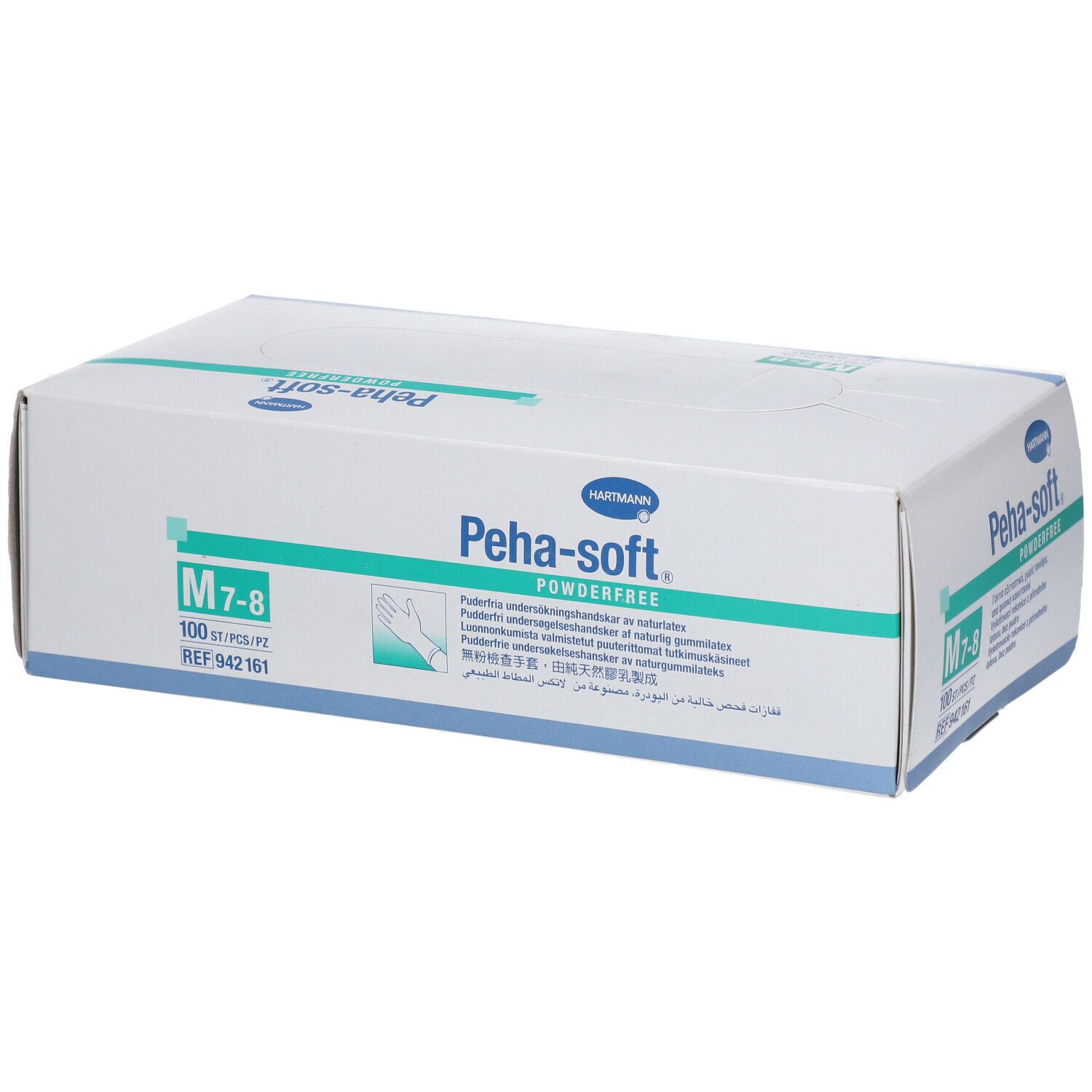 Verpakking Peha-soft® powderfree onderzoekshandschoenen, maat M 7-8. Doos met 100 stuks.