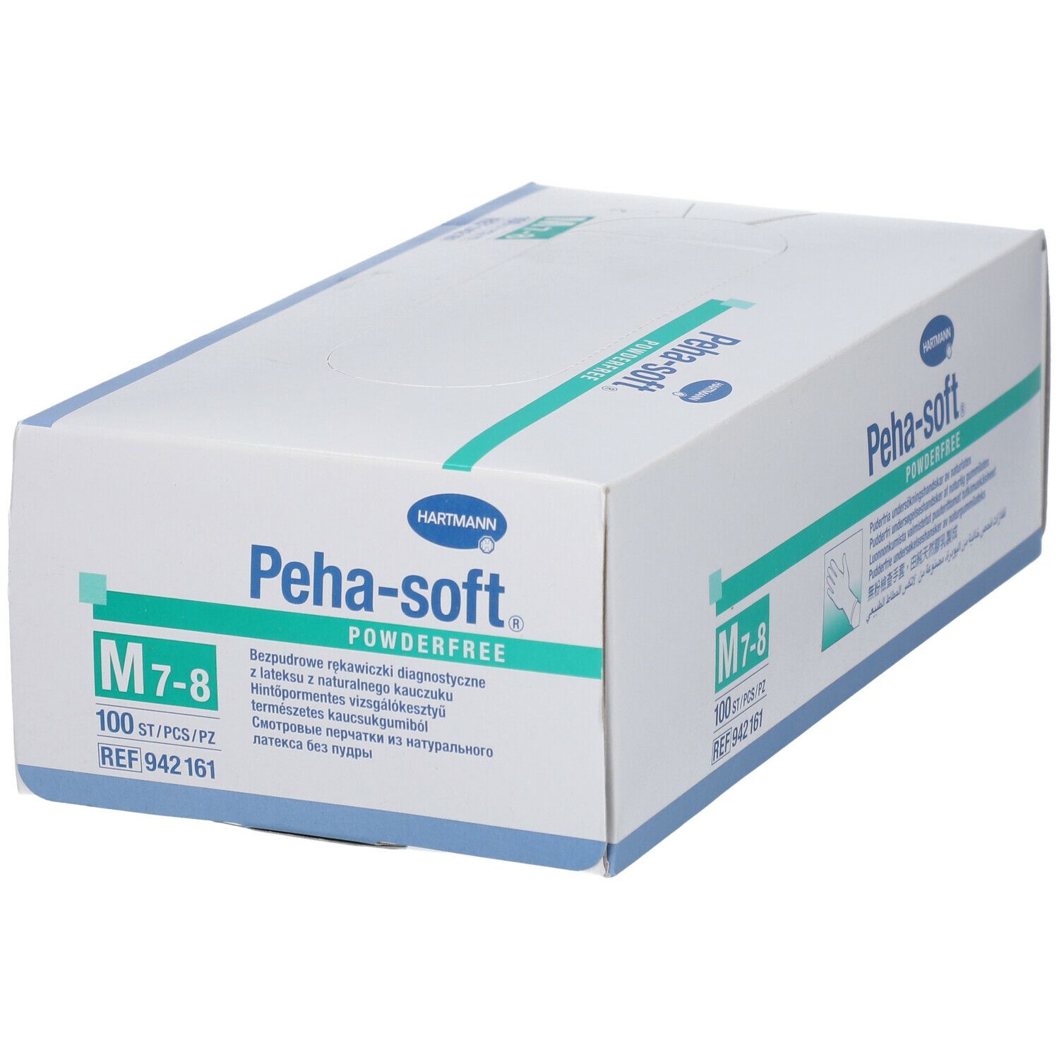 Schuine weergave van de verpakking van Peha-soft® powderfree handschoenen, maat M 7-8. 100 stuks.