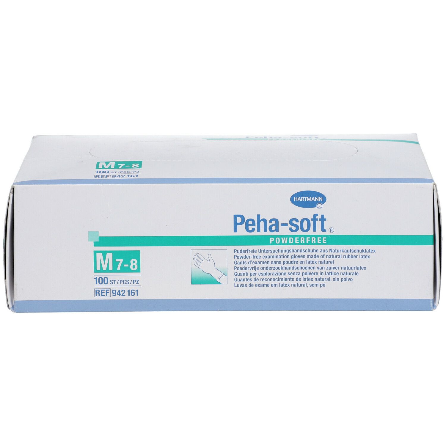 Bovenaanzicht van de verpakking van Peha-soft® powderfree handschoenen, maat M 7-8. 100 stuks.